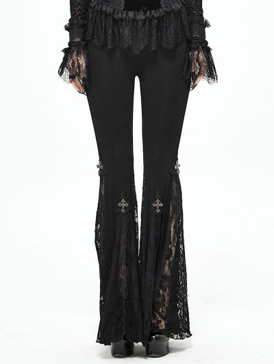 Devil Fashion Black Gothic Cross Lace Bell-Bottomed Pants for Women