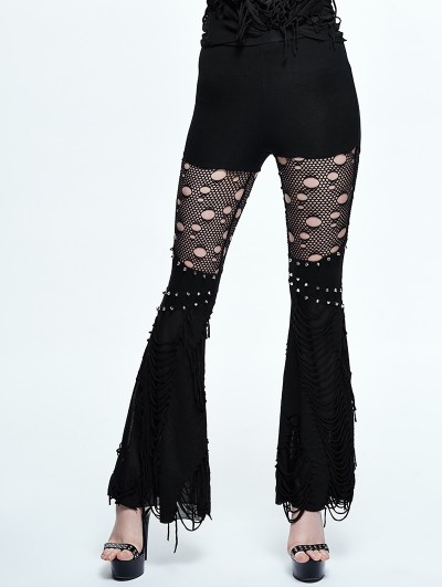 Devil Fashion Black Gothic Punk Hole Bell-Bottomed Pants for Women