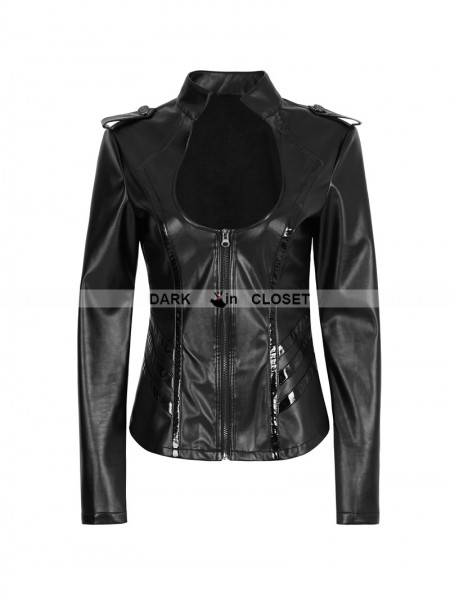 Punk Rave Black Gothic Military Uniform Sexy PU Leather Shirt for Women ...