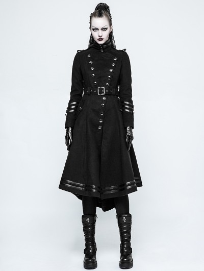 Punk Rave Black Gothic Military Uniform Worsted Long Coat for Women