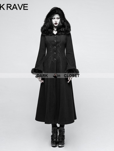 Punk Rave Black Gothic Disc Flowers Long Winter Fur Coat for Women