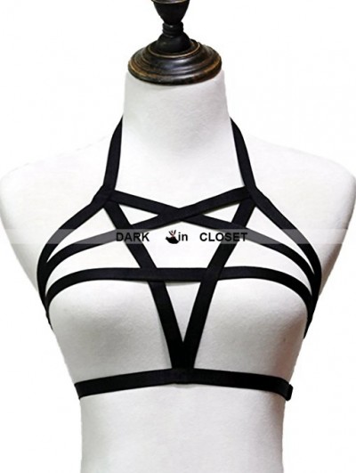 Black Womens Sexy Gothic Pentagram Harness Bra 0001