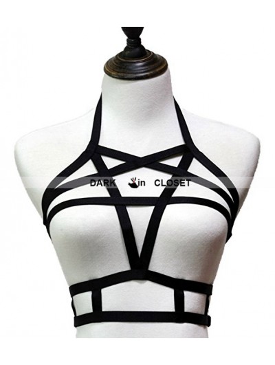 Black Double Layer Sexy Gothic Pentagram Harness Bra 0002