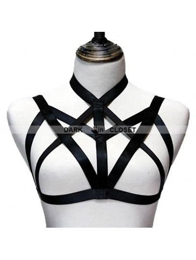 Black Hollow Out Gothic Harness Elastic Cage Bra 0004