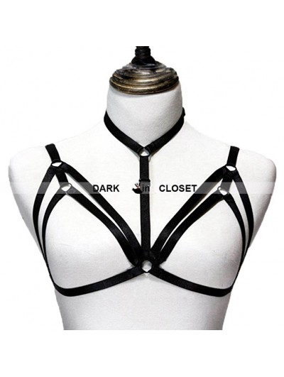 Black Gothic Harness Elastic Cupless Bra 0005