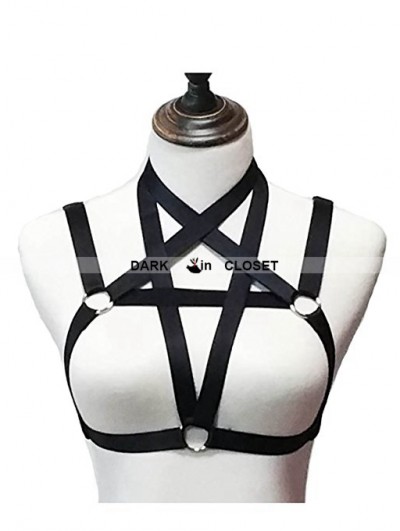 Black Sexy Gothic Pentagram Harness Cupless Bra 0006