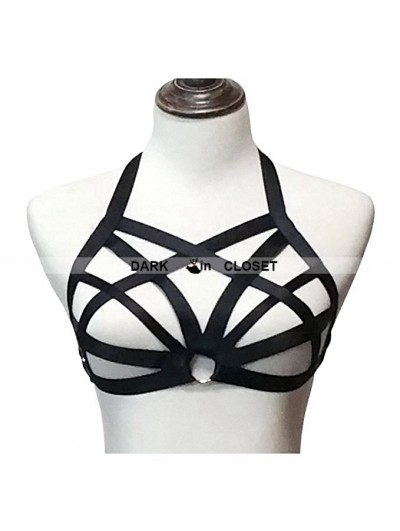 Black Elastic ollow Out Gothic Harness Cupless Cage Bra 0014