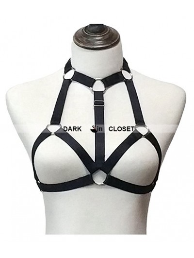 Black Elastic Gothic Hollow Out Harness Cupless Cage Bra 0018