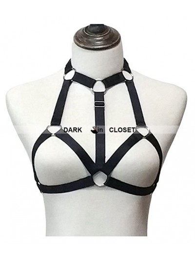 Black Elastic Gothic Hollow Out Harness Cupless Cage Bra 0018 