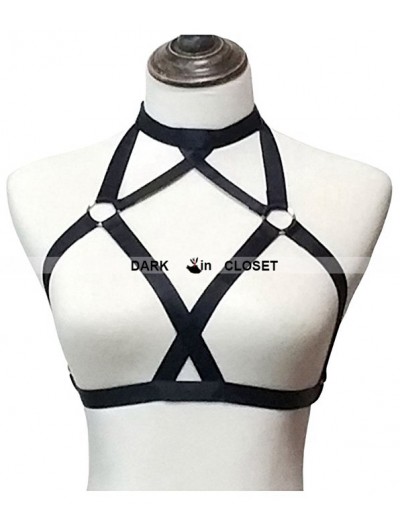 Black Elastic Sexy Gothic Harness Cupless Cage Bra 0019