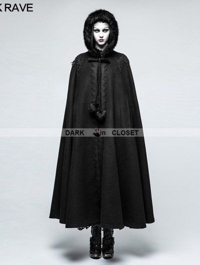 Punk Rave Black Winter Gothic Long Fur Cloak for Women