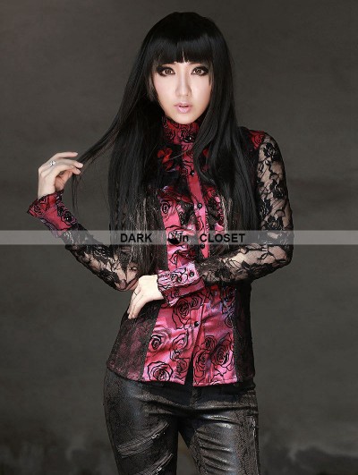 Pentagramme Black and Red Rose Pattern Gothic Long Lace Sleeves Blouse for women