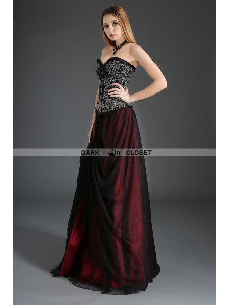 Pentagramme Black and Red Organza Gothic Long Skirt - DarkinCloset.com