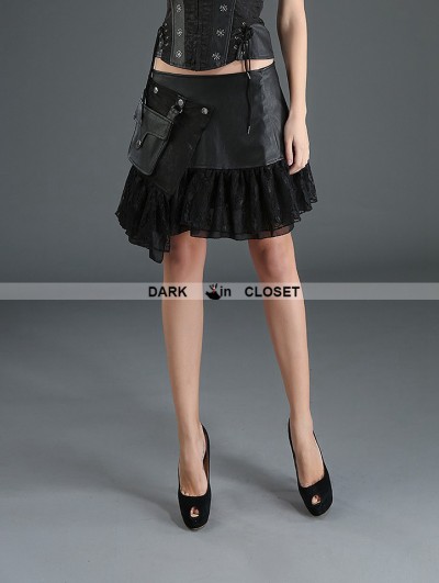 Pentagramme Black Steampunk Short PU Skirt with Pocket Bag