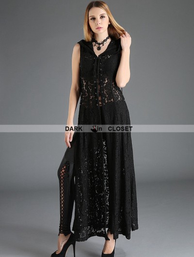 Pentagramme Black Gothic Lace Sleeveless Long Hoodie Outfit for Women