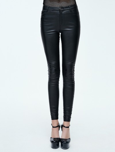 Devil Fashion Black Simple Gothic PU Leather Legging for Women