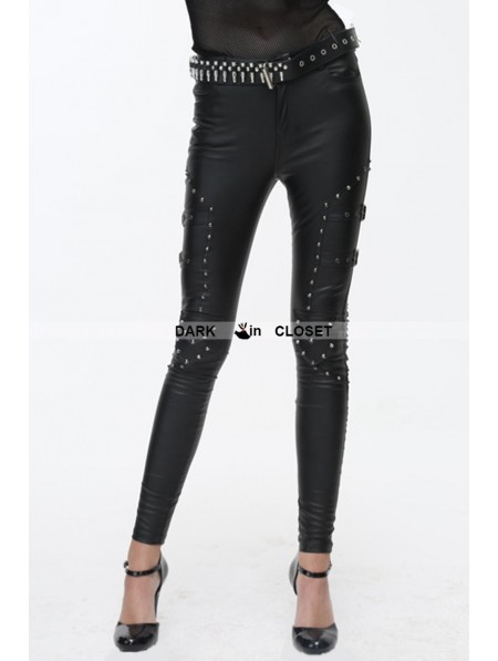 Devil Fashion Black Gothic Punk PU Leather Rivets Pants for Women ...