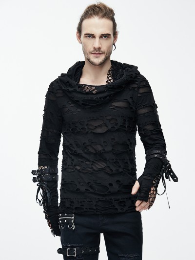 Devil Fashion Black Gothic Hole Hooded Long Sleeves Shirt for Men