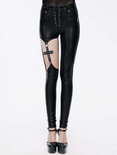 Devil Fashion Black Gothic Punk PU Leather Cross Legging for Women