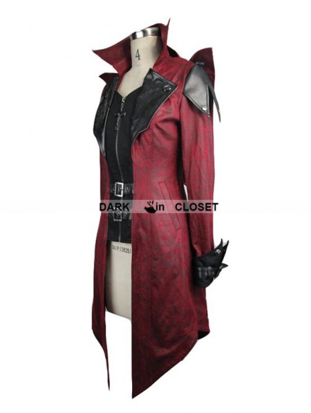 Devil Fashion Black and Red Vintage PU Leather Gothic Trench Coat for ...