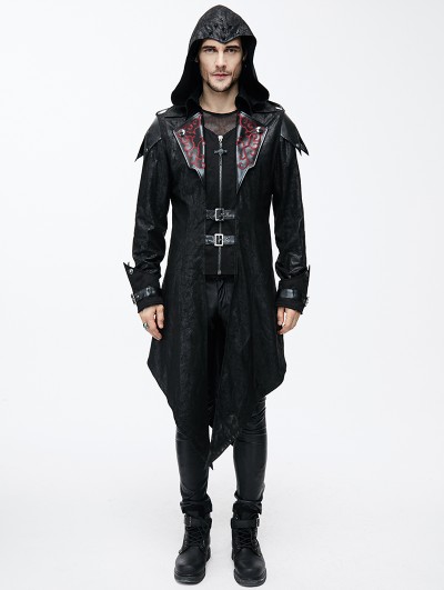 Devil Fashion Black Vintage PU Leather Gothic Trench Coat for Men