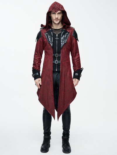 Devil Fashion Black and Red Vintage PU Leather Gothic Trench Coat for Men