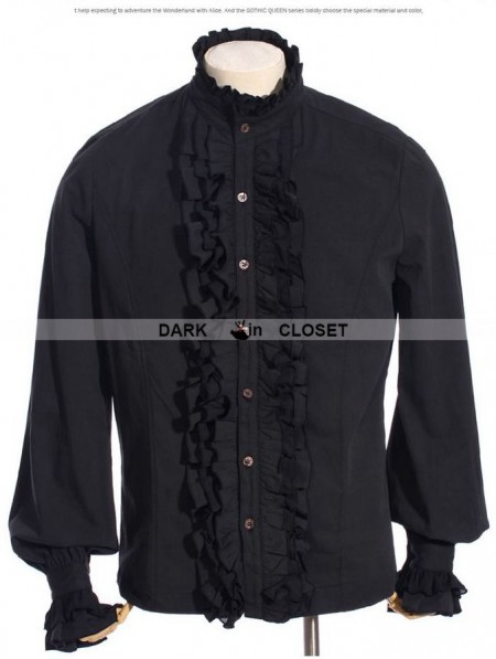 RQ-BL Black High Collar Ruffles Steampunk Blouse for Men - DarkinCloset.com