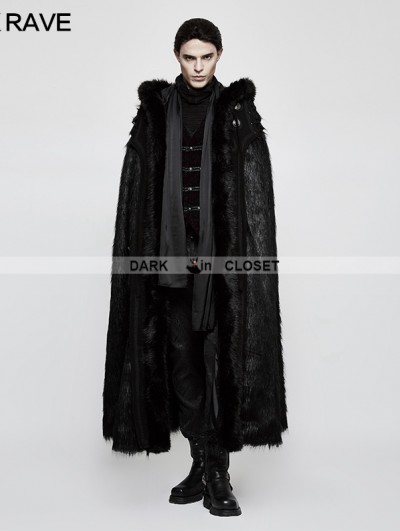 Punk Rave Black Gothic Witch Long Fur Cloak for Men