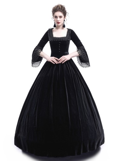 Rose Blooming Black Velvet Ball Gown Gothic Theatrical Victorian Gown