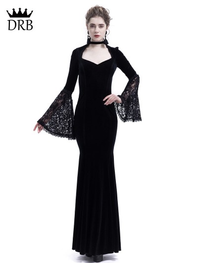 Rose Blooming Black Velvet Dark Queen Gothic Mermaid Victorian Dress