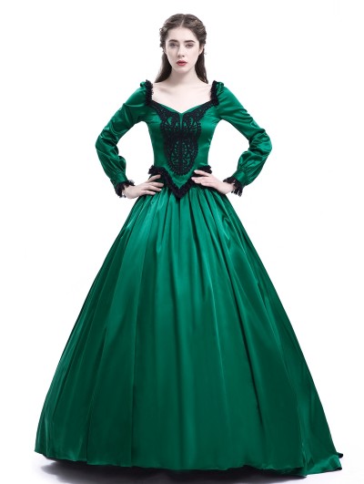 medieval green princess dress Gothic Emerald Green Ball Gown with Floral Accents