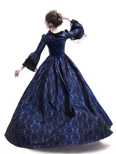 blue victorian ball gown dress Blue Appliques Lace Flower Floor Length Prom Dresses, Beautiful V-Neck Short Sleeve Evening Dress US 16 / Blue