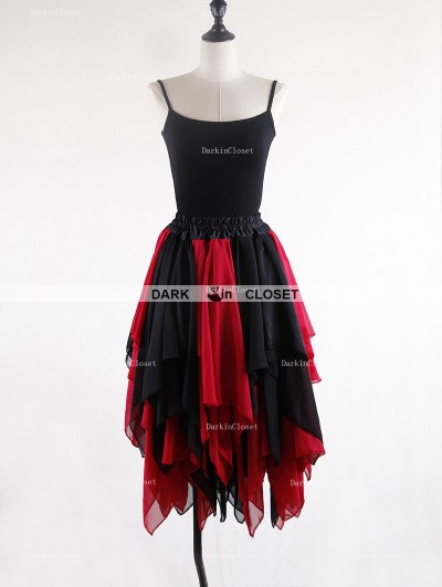 Rose Bloooming Black Red Gothic Chiffon Knee Length Skirt