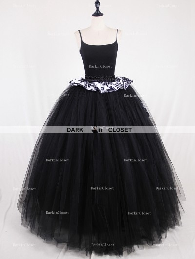 Rose Bloooming Black Gothic Tulle Long Skirt with Train