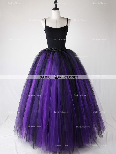 Rose Bloooming Purple Black Gothic Tulle Long Skirt