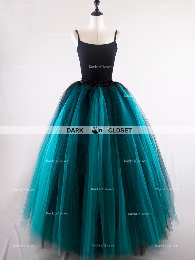 Rose Bloooming Black Teal Green Gothic Long Tulle Skirt