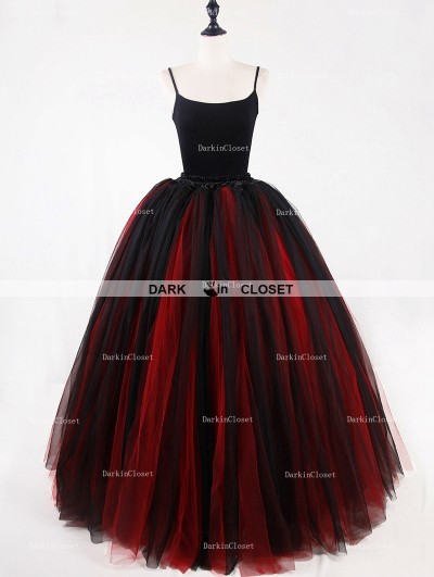 Rose Bloooming Red Black Gothic Tulle Long Skirt