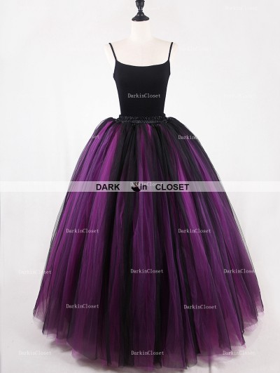 Rose Bloooming Fuchsia Black Gothic Tulle Long Skirt