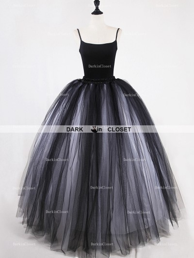 Rose Bloooming White Black Gothic Tulle Long Skirt