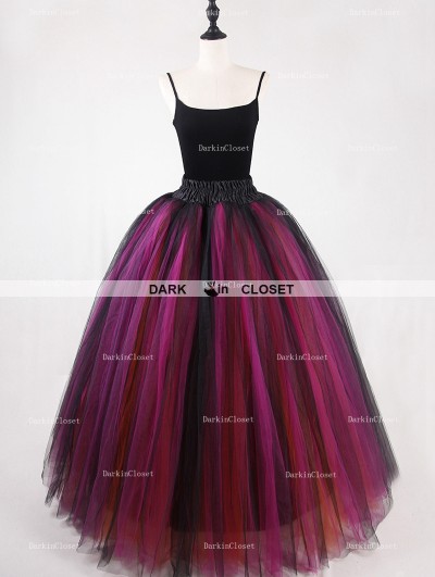 Rose Bloooming Black Multicolor Gothic Tulle Long Skirt