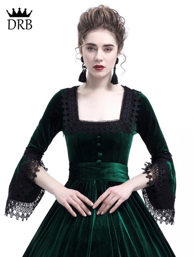 green velvet victorian dress Retro Stage V-Neck Pearl A-line Velvet Vintage Dress Wine Red