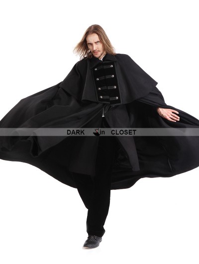 Pentagramme Black Gothic Vintage Long Coat with Detachable Shawl for Men