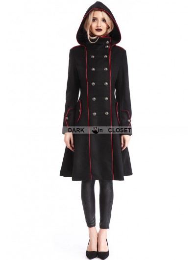 Pentagramme Black Gothic Hooded Double-Breasted Coat for Women