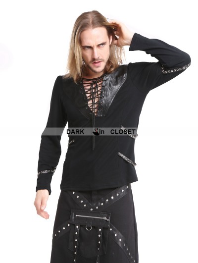 Pentagramme Black Gothic Punk Rivet Belt Long Sleeves T-Shirt for Men