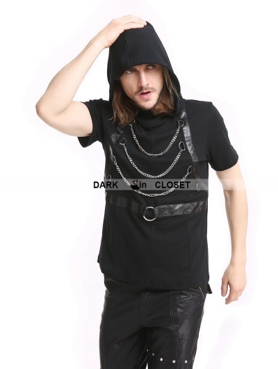 Pentagramme Black Gothic Punk Hooded Chain Short Sleeves Shirt for Men