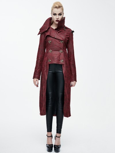 Devil Fashion Red Leather Gothic Punk Military Coat for Women