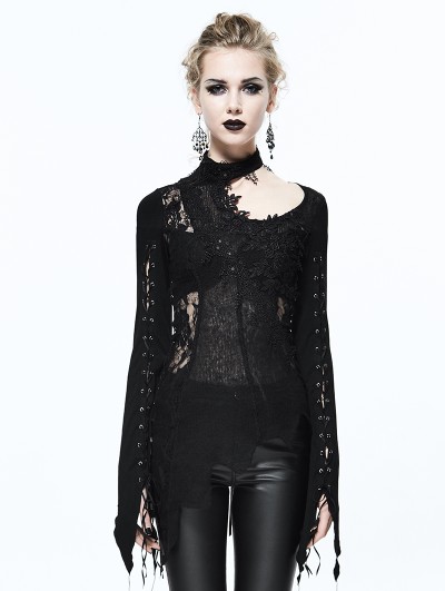 Devil Fashion Black Gothic Lace Floral Sexy Asymmetric Shirt for Women