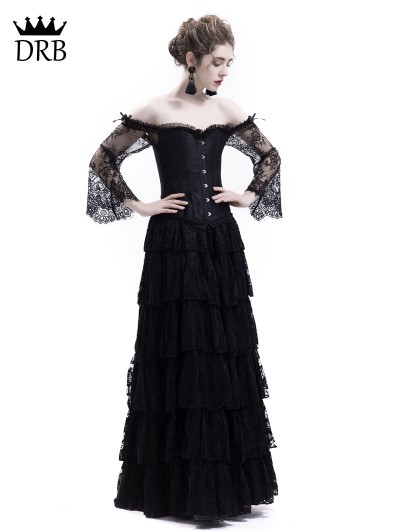 Rose Blooming Black Lace Romantic Vintage Gothic Corset Long Prom Party Dress