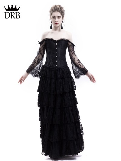 Rose Blooming Black Lace Romantic Vintage Gothic Corset Long Prom