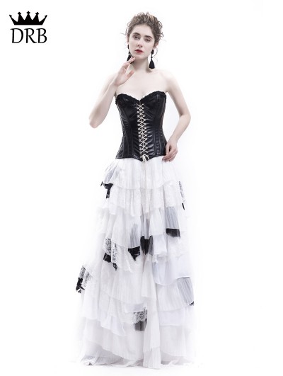 Rose Blooming White and Black Romantic Gothic Punk Long Prom Party Dress